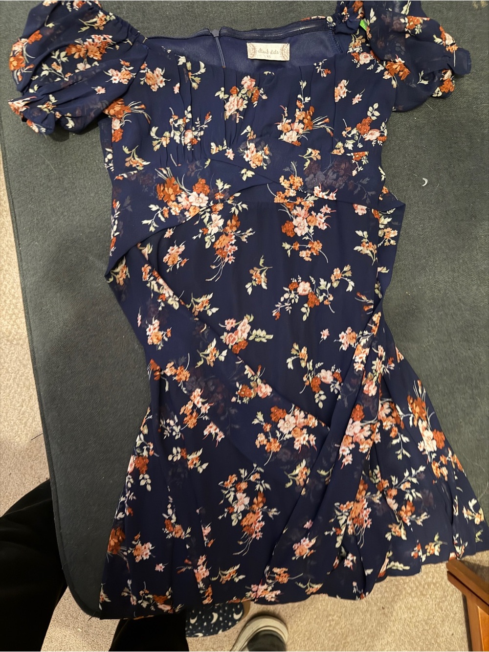 Altar'd State Navy Floral long Dress with Puff Sleeves